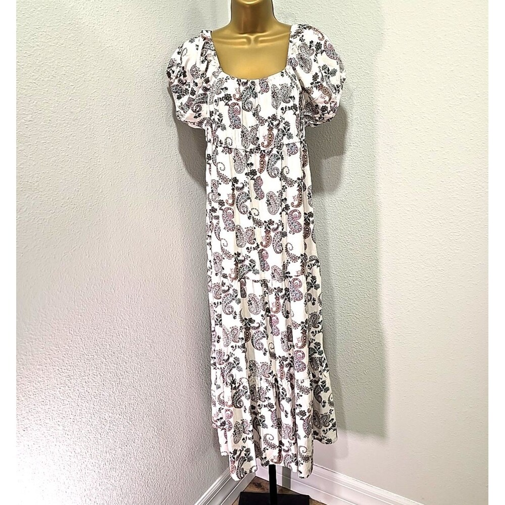 Tiered Paisley Midi Dress Medium Puff Sleeve Cream Off Shoulder Cottage Prairie